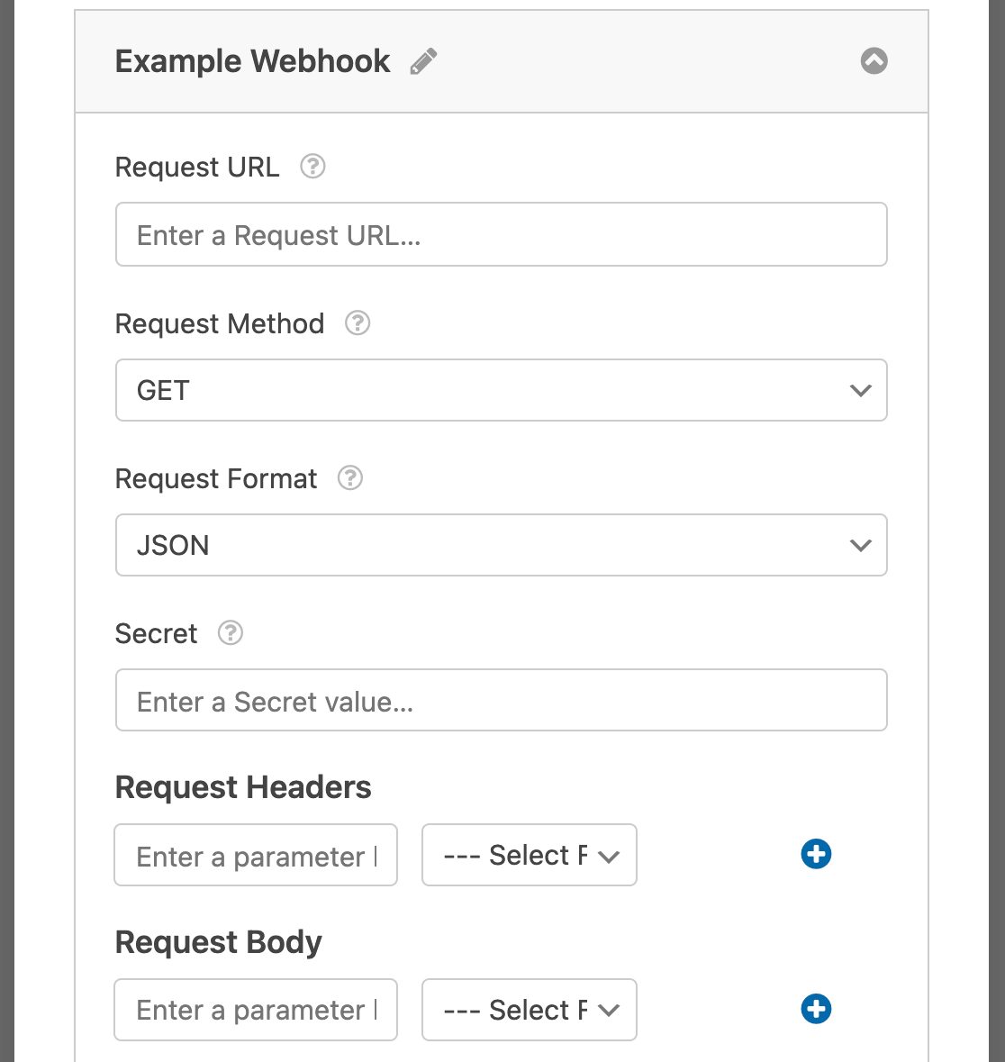 The webhooks settings in the form builder