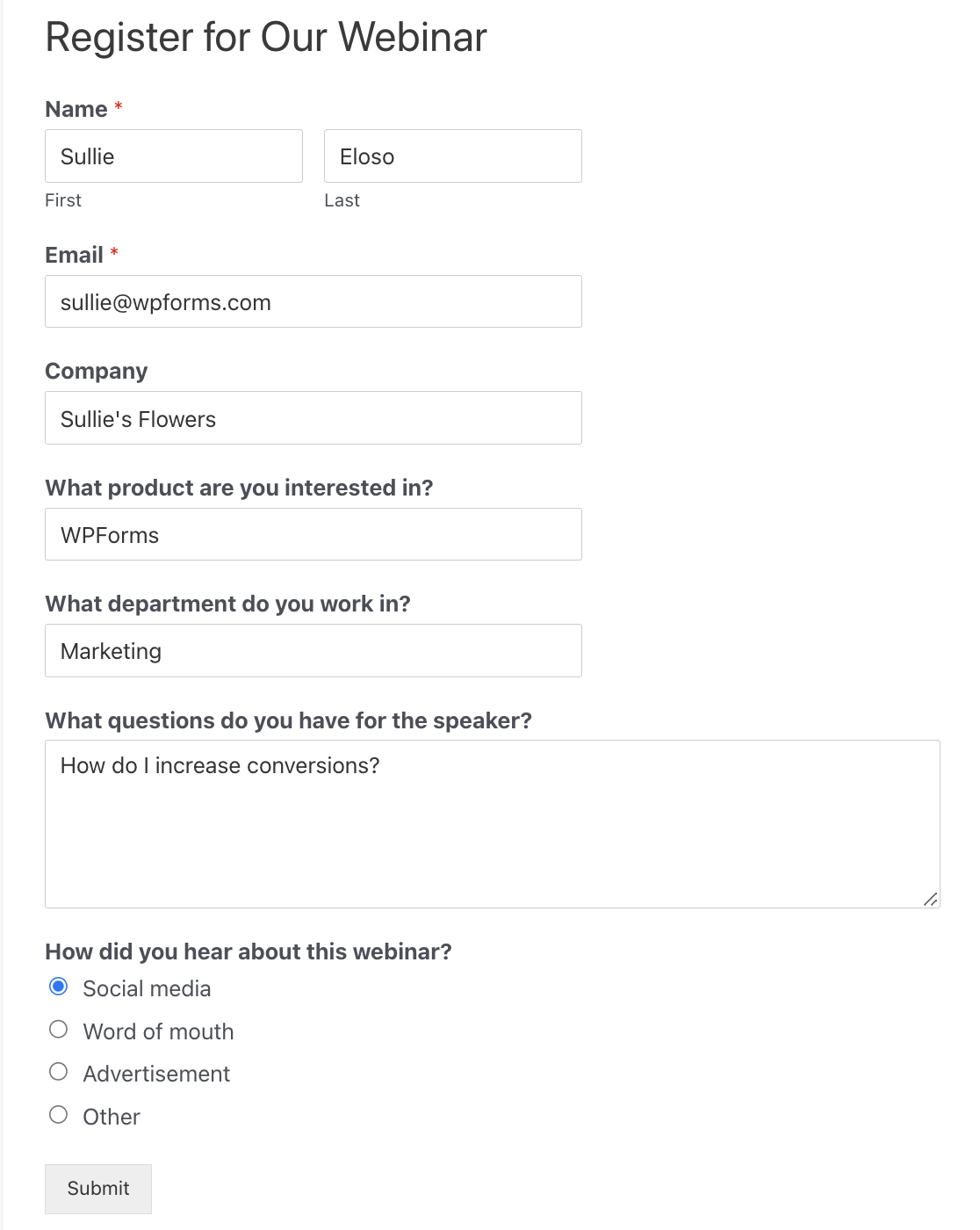 Submitting a test entry to your webinar registration form