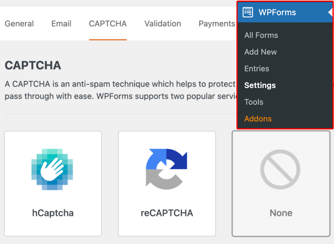 Navigating to WPForms settings