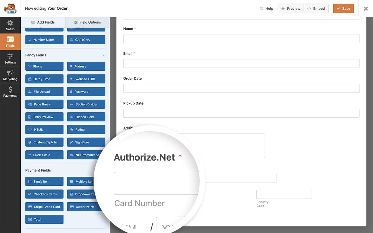 create the form first to send the invoice through to Authorize.net