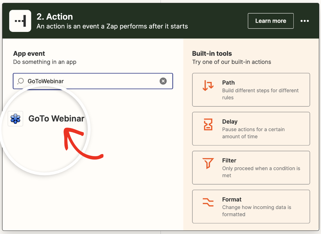 Selecting GoToWebinar as your action app in Zapier