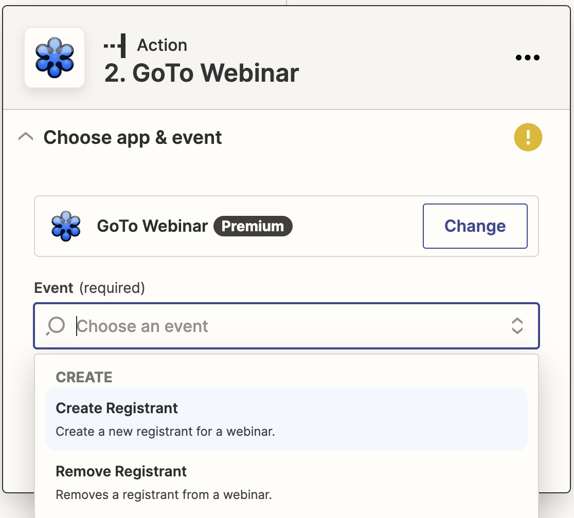 Selecting Create Registrant as the action event in Zapier