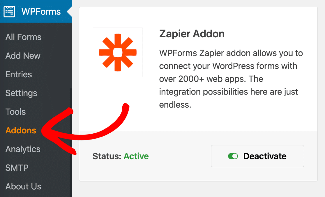 Install and activate the Zapier addon in WPForms