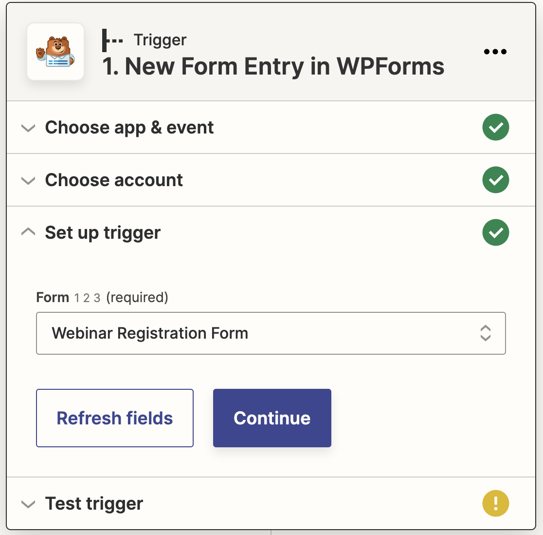 Choosing which form to connect to GoToWebinar in Zapier