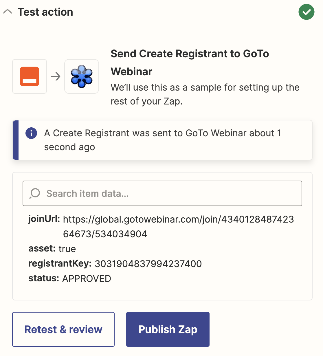 GoToWebinar test success message in Zapier