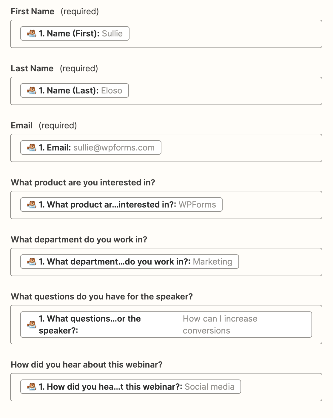 Mapping fields from WPForms to GoToWebinar in Zapier