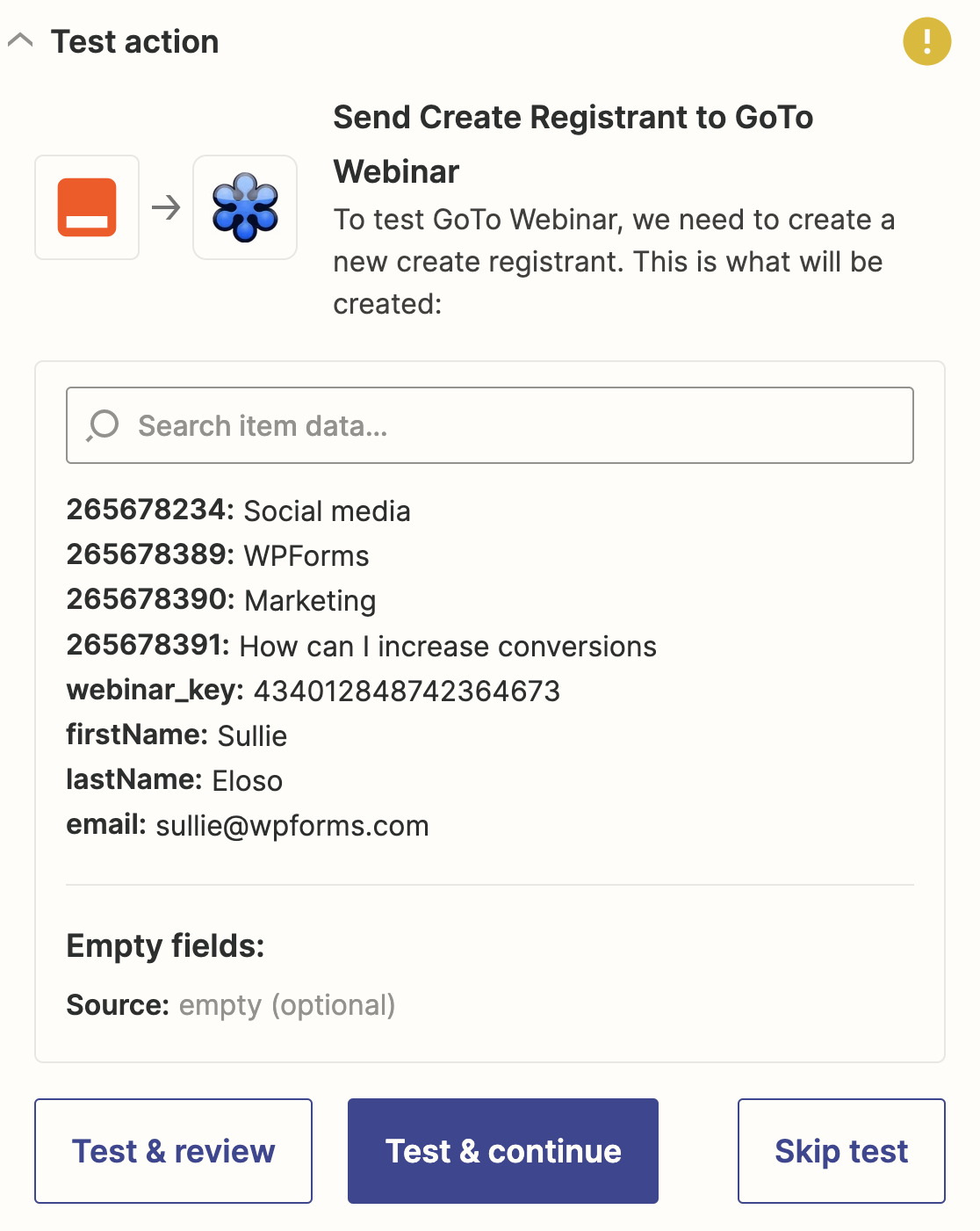 Testing your GoToWebinar connection to Zapier