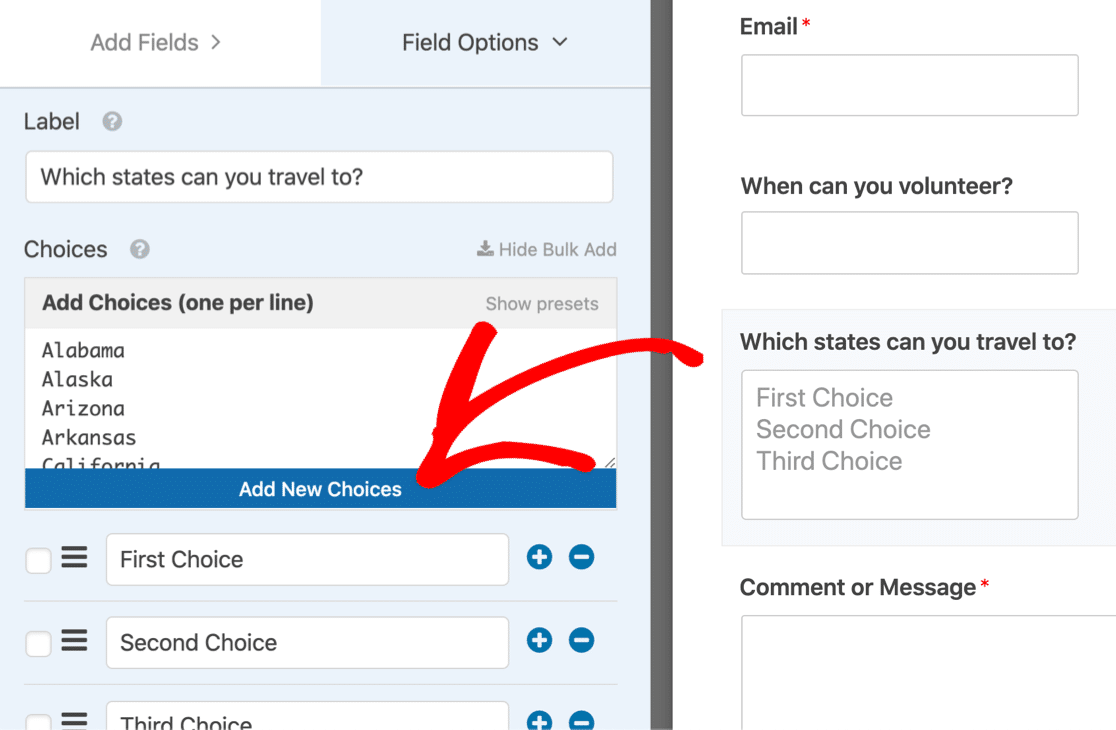 Add answer choices to the multi select dropdown