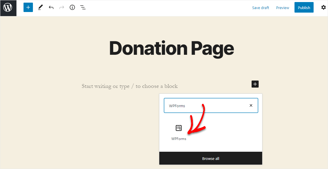 add wpforms widget for donation form