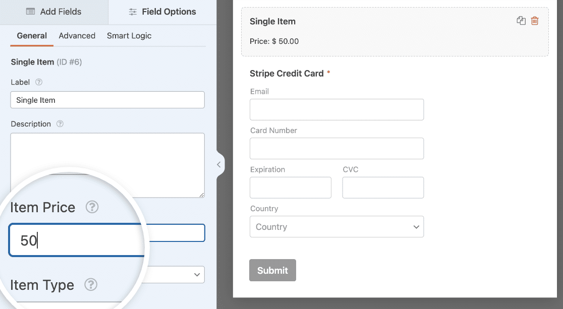 Changing the item price for a Single Item field