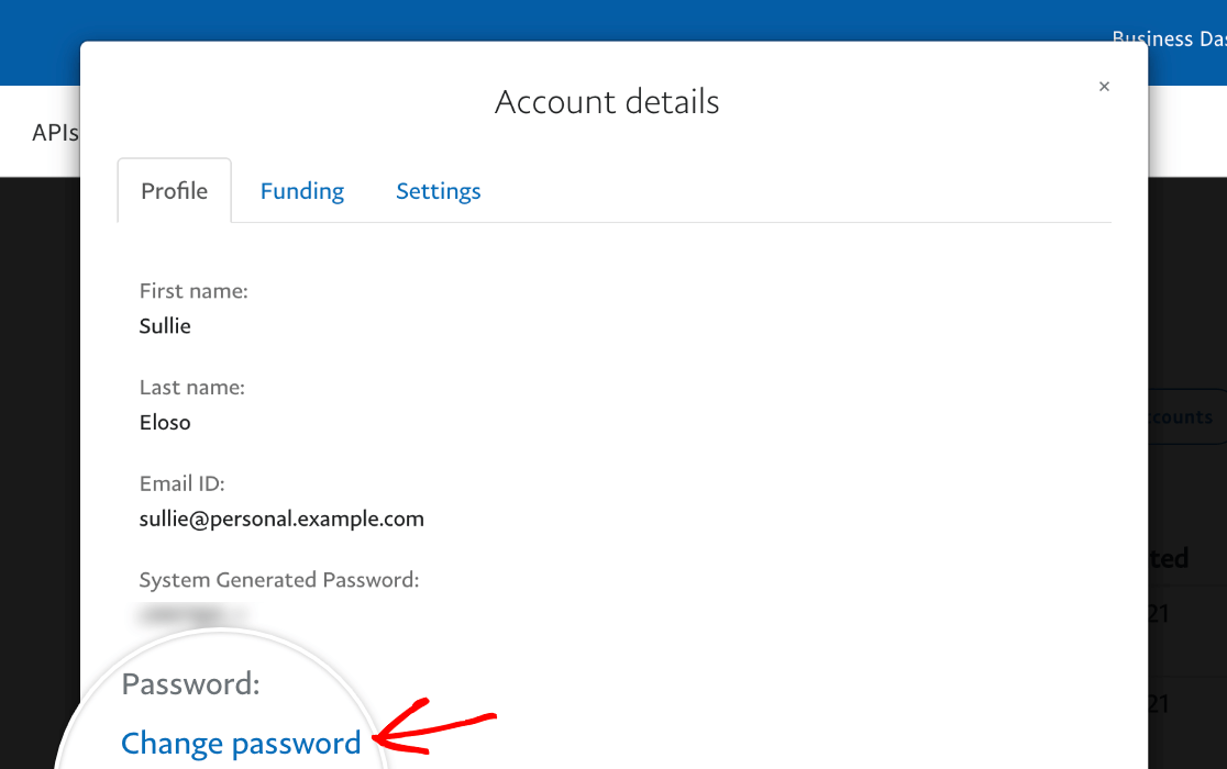 Changing the password for a PayPal Developer test account