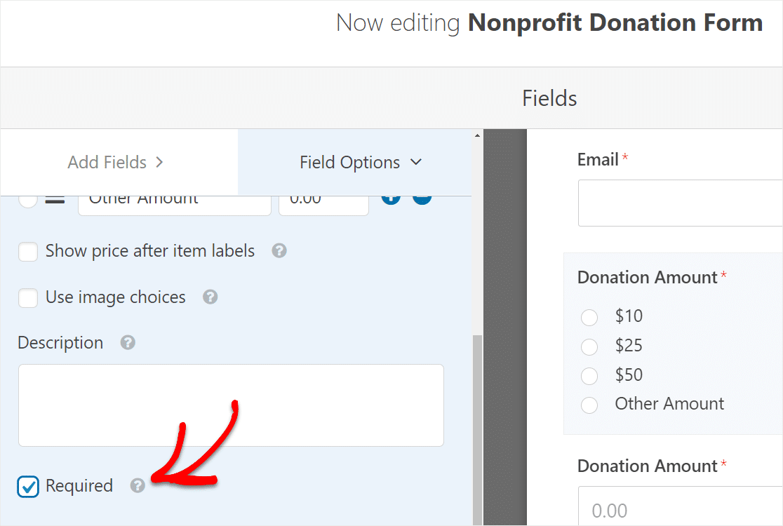 check required field on donation form