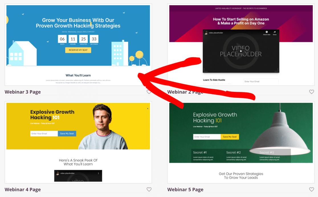 Choose a WordPress webinar landing page template in SeedProd