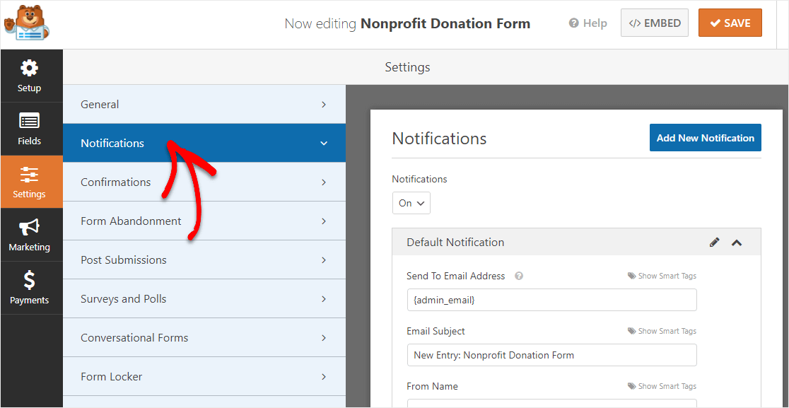 configure notifications on wordpress donation form