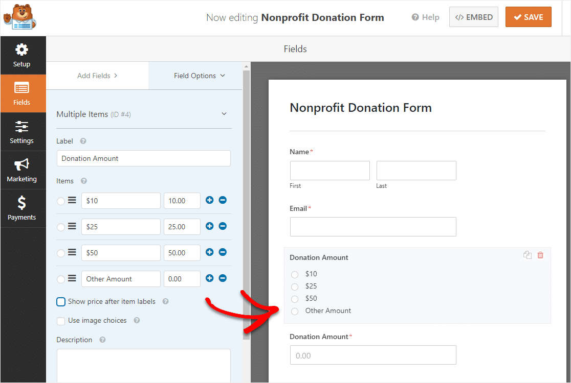 create custom donation amounts on form