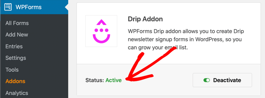 Drip WordPress plugin active in WPForms