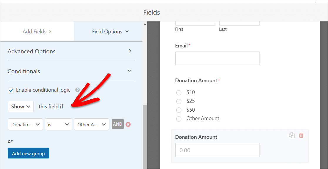 enable conditional logic on donation form