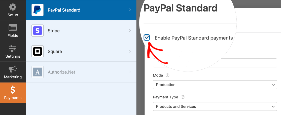 Enabling PayPal Standard payments for a form