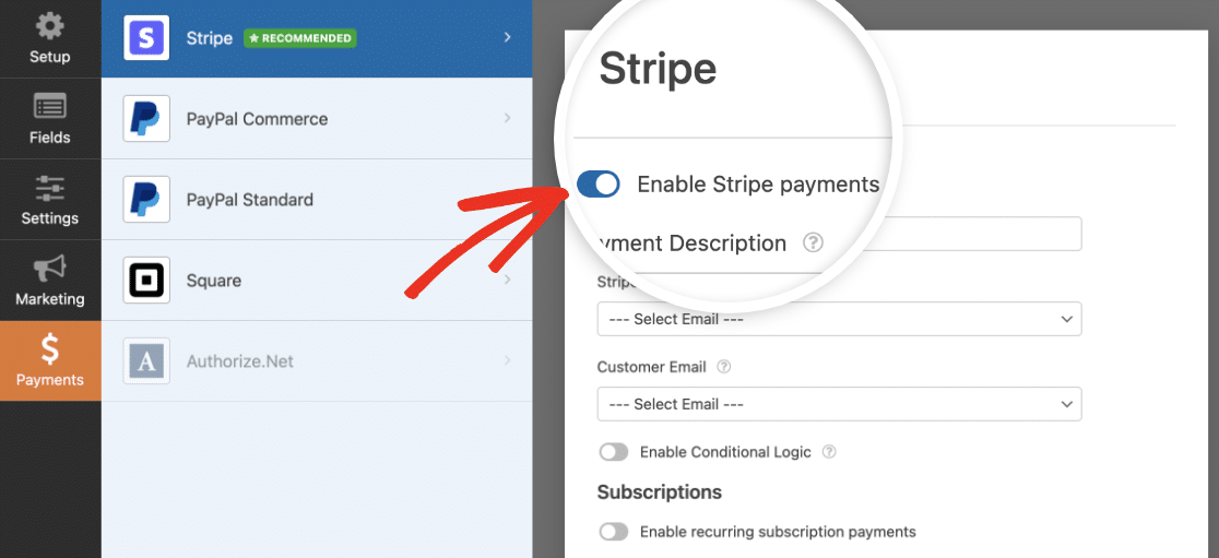 Enabling Stripe payments for a form