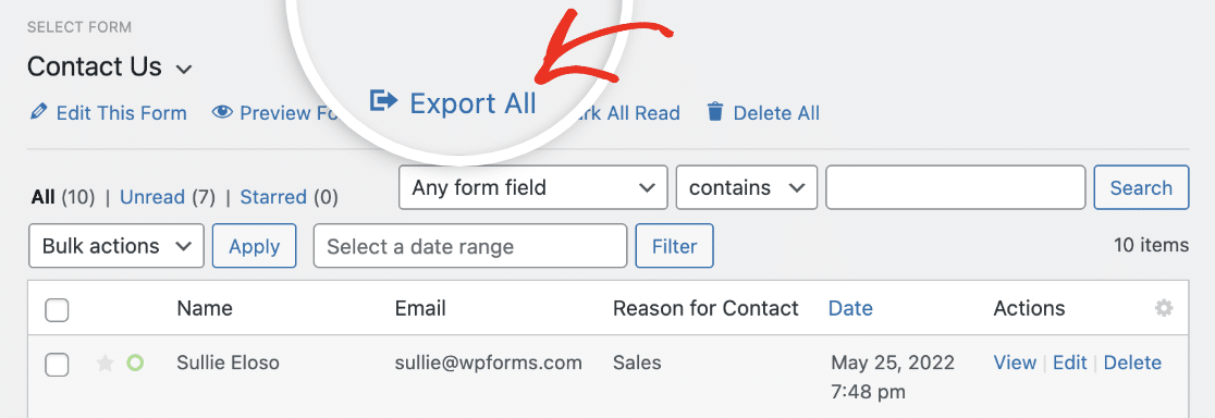 Exporting all entries for a form