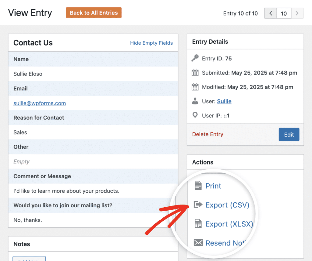 export entry to csv - WPForms exportar entrada para csv