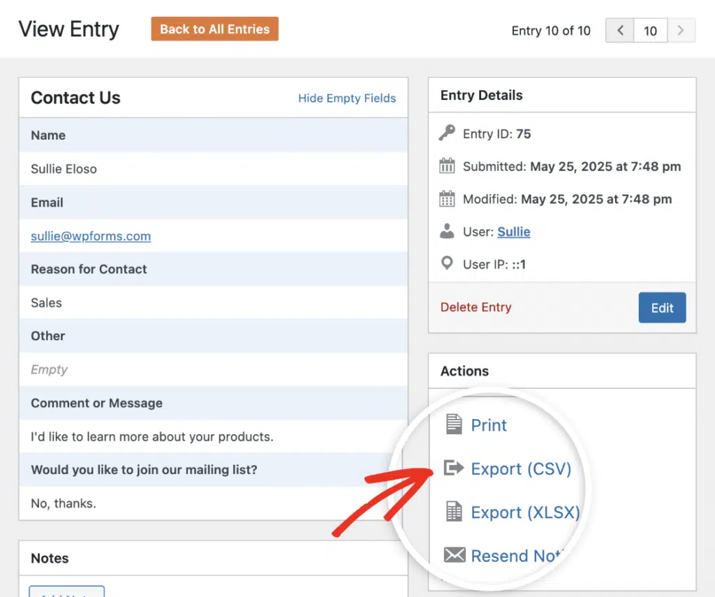 export entry to csv