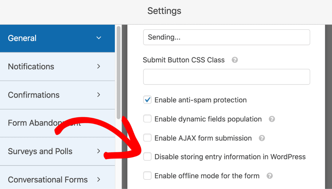 Disable storing form entry information in WordPress checkbox