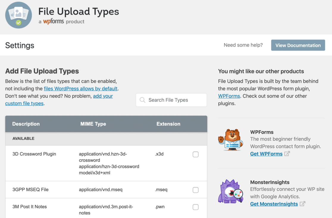 File Upload Types plugin settings