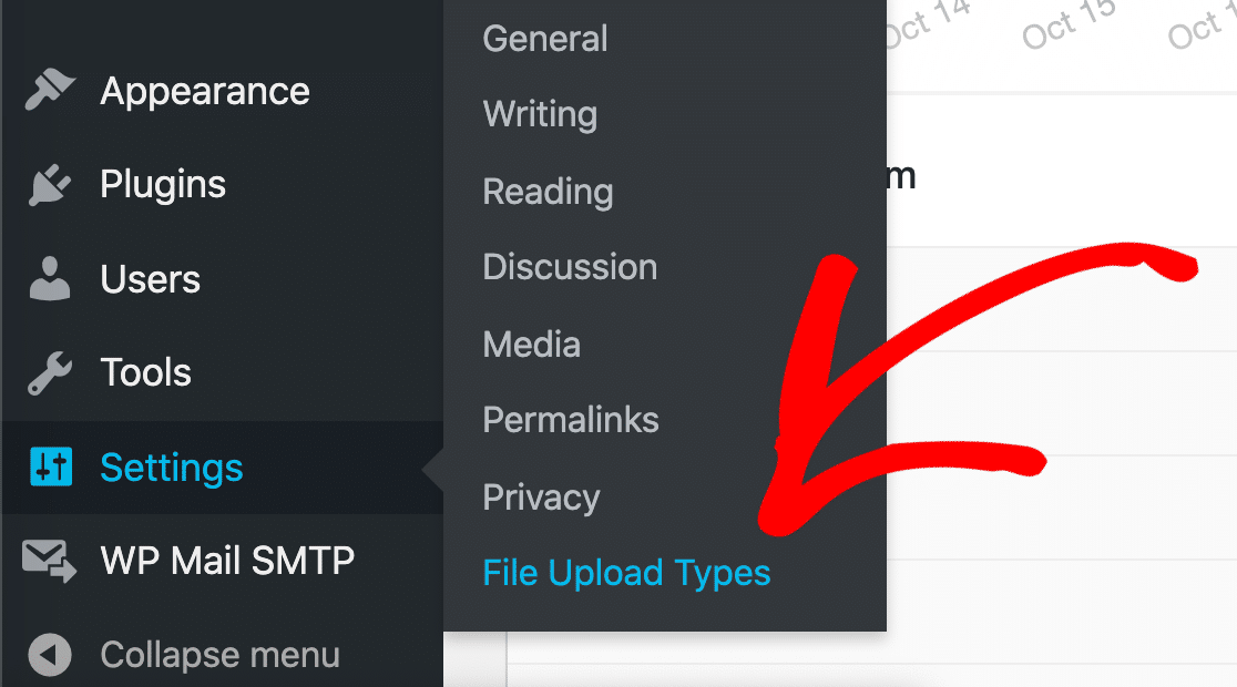 Click the File Upload Types WordPress menu to fix file type not allowed