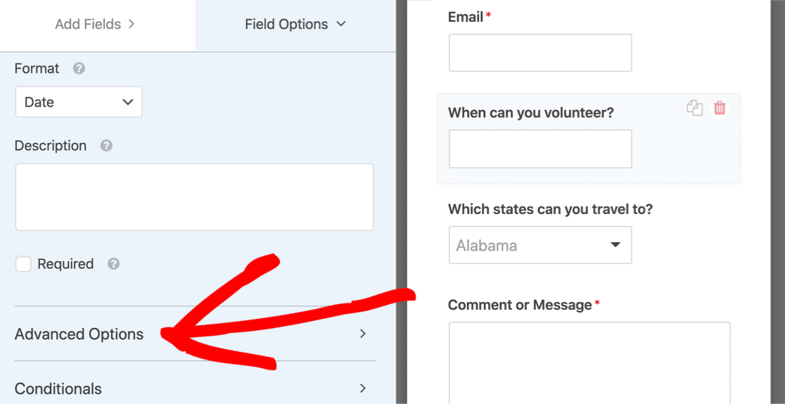 Expand the advanced options for the date field