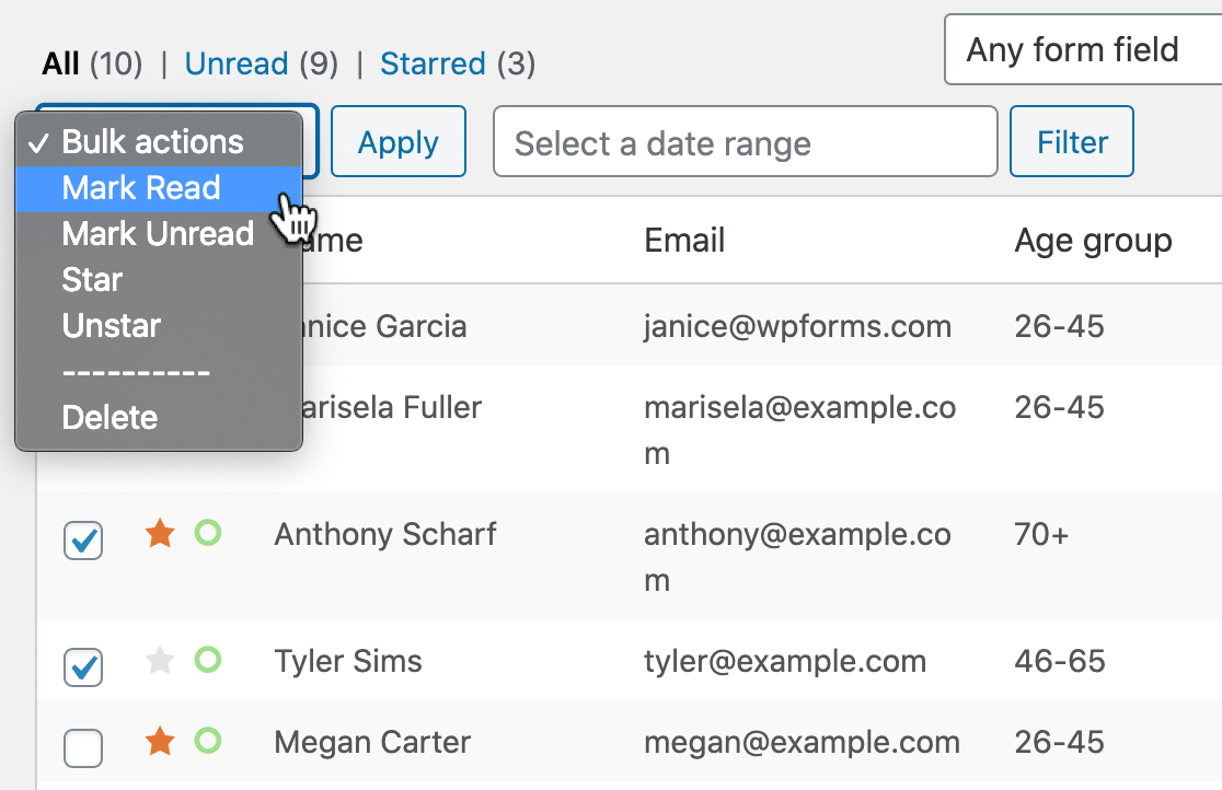 Form entry management in WPForms