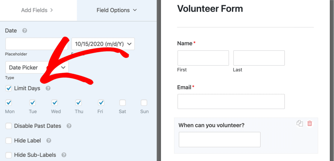 Limit days in the time and date field