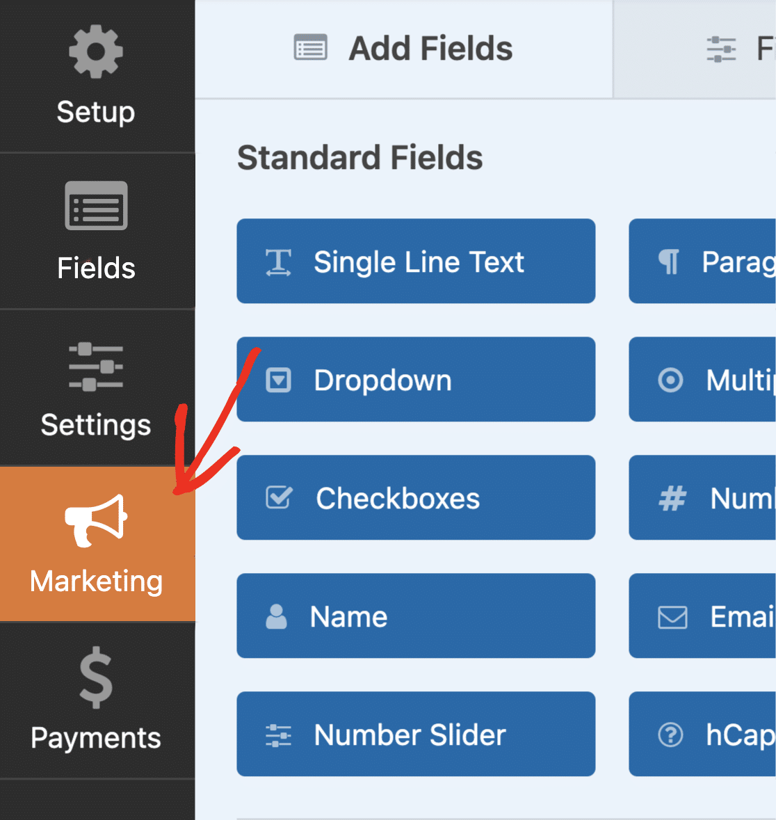 Accessing the marketing settings in the form builder