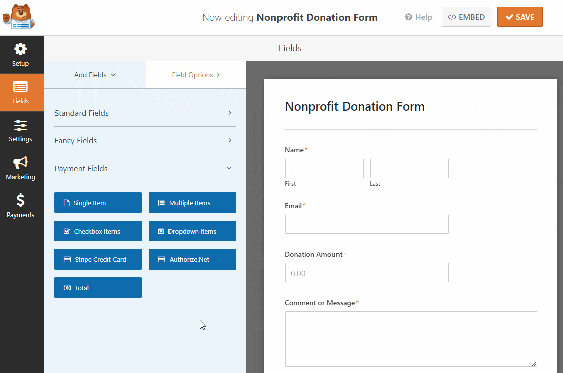 multiple item field to donation form
