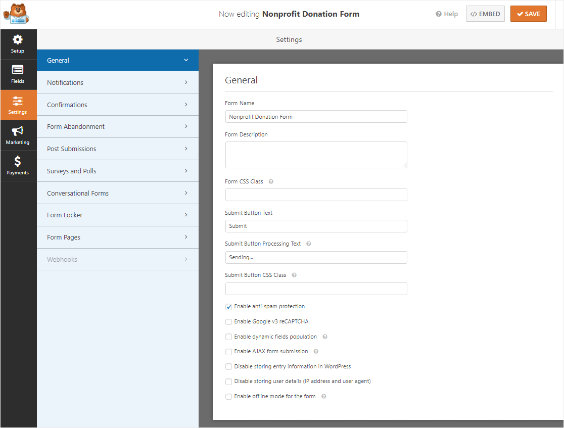 nonprofit donation form settings page