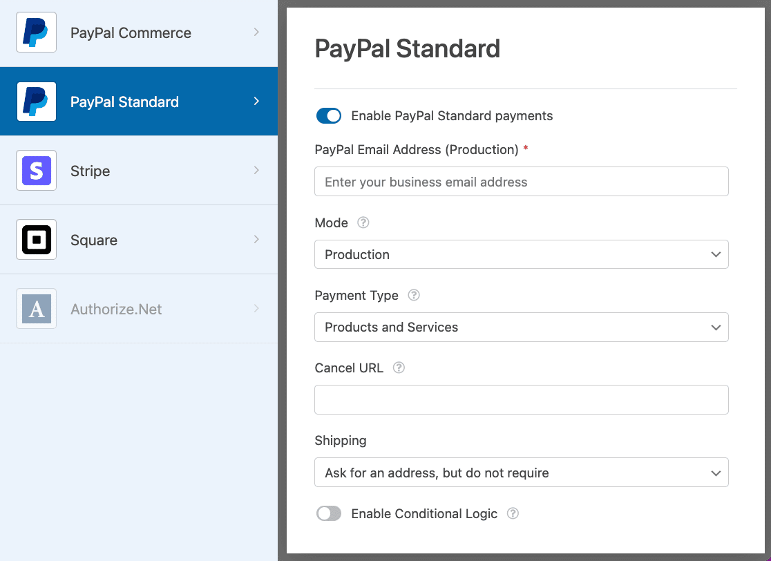 PayPal Standard payments settings in the form builder