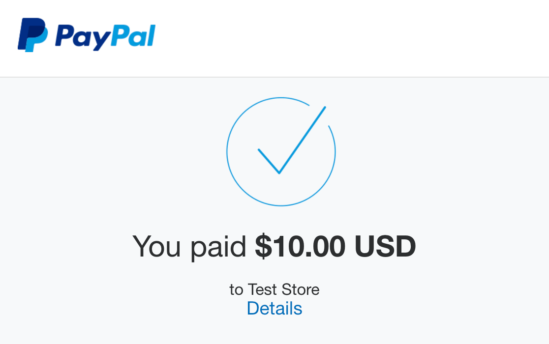 A PayPal test payment confirmation