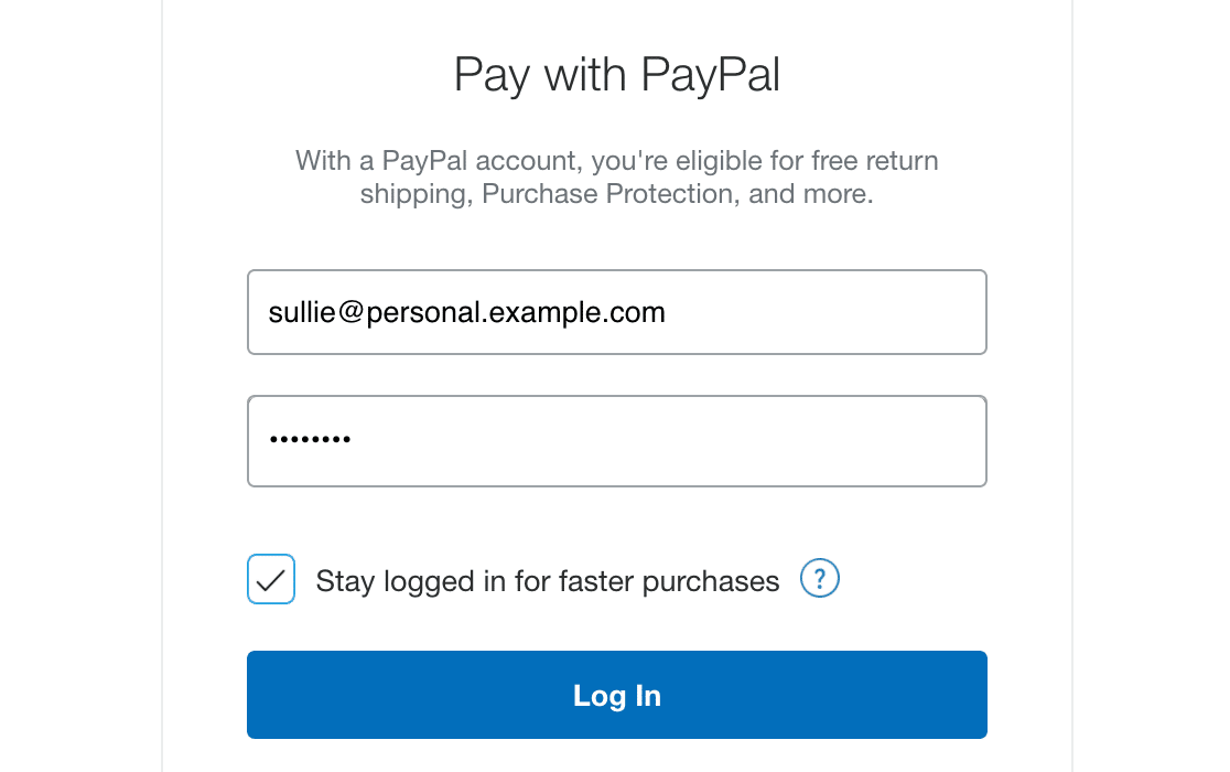 Logging in to PayPal with a personal test account email address and password