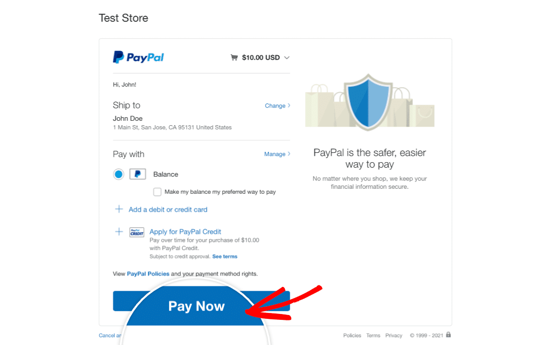 Completing a PayPal test payment