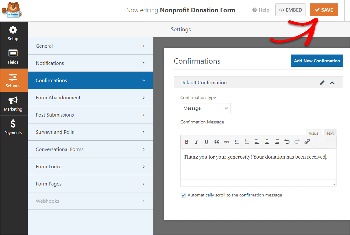 save confirmation settings in wordpress donation form