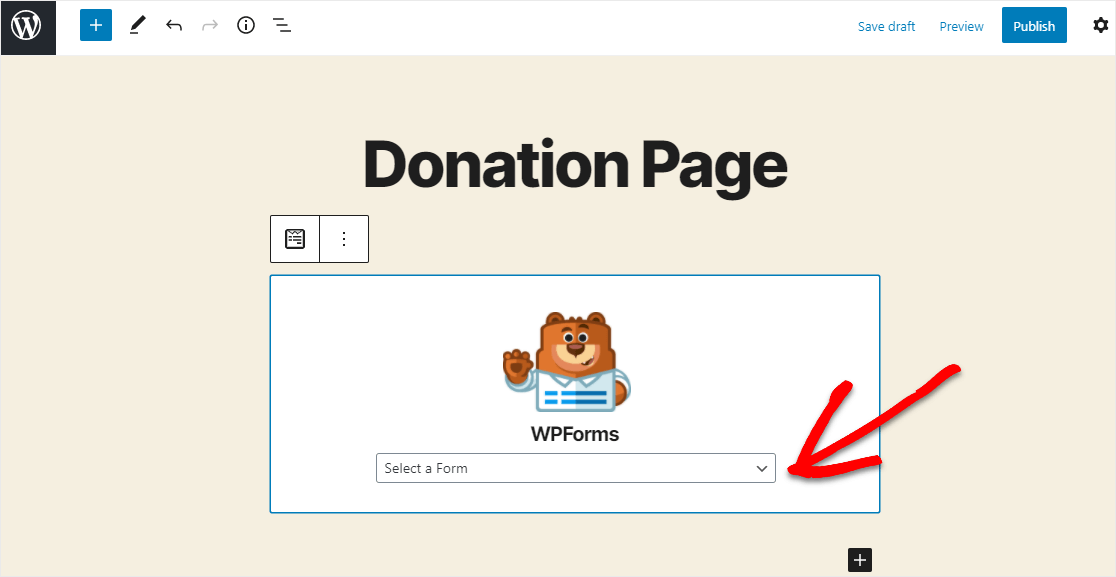 select donation form in wpforms dropdown