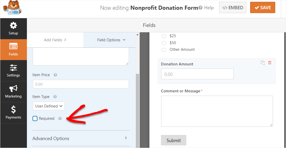 uncheck required button on donation form field