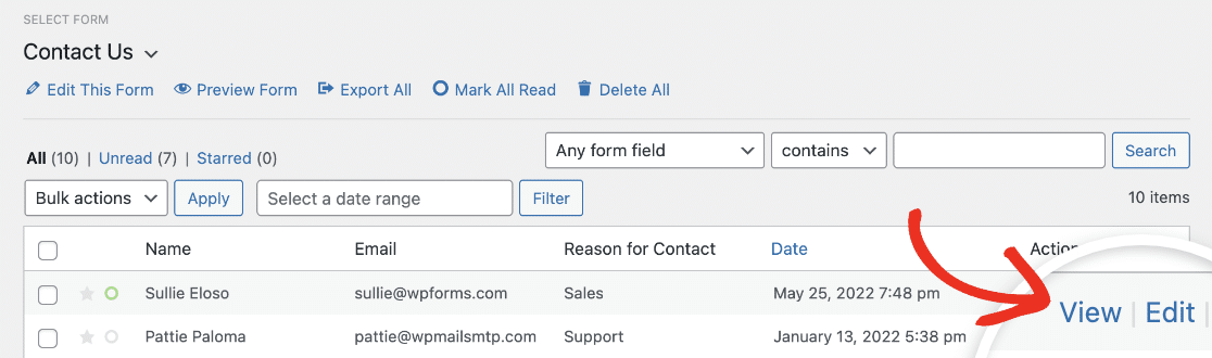 Viewing a contact form entry