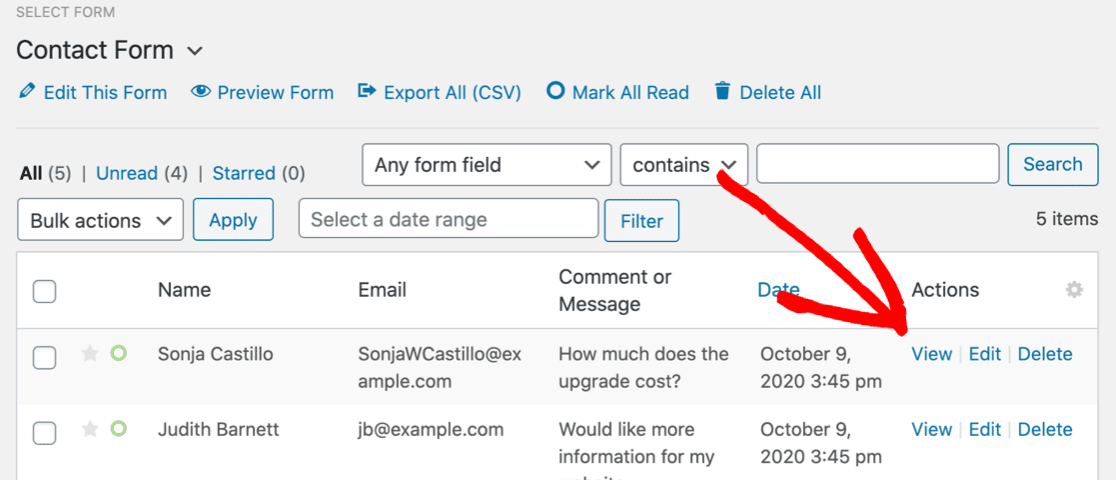 View form entry to export to CSV
