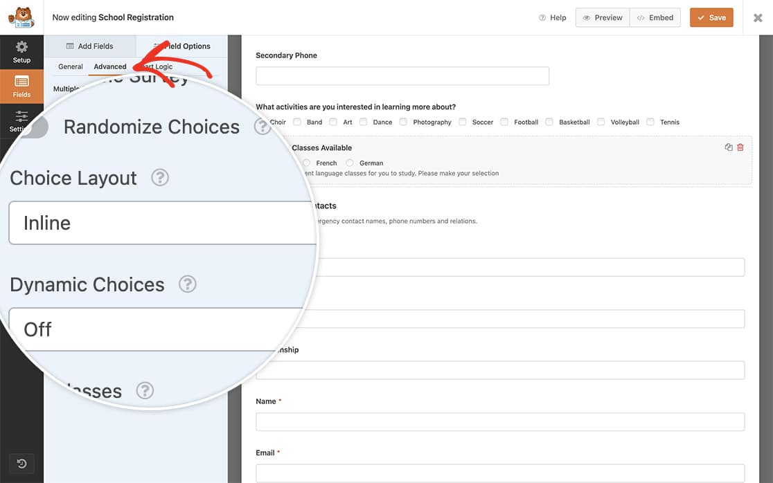 add your fields and set the checkbox and multiple choice fields Choice Layout to Inline from the Advanced tab