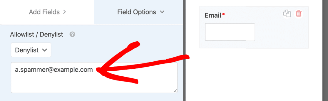 Use the WPForms email denylist to block emails or domains