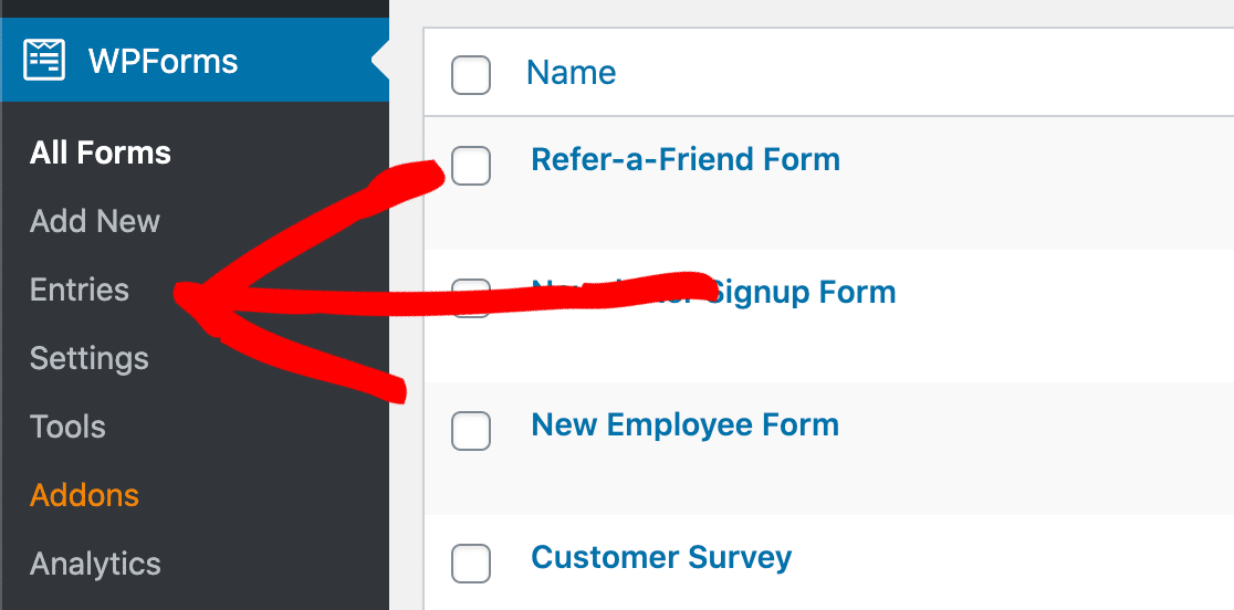 Click the WPForms entries menu to export form entries to CSV