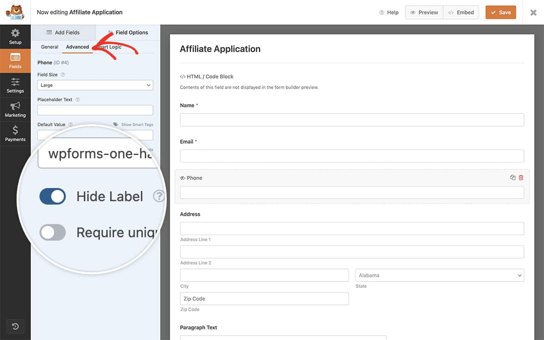 click the Advanced tab and toggle the Hide Label to turn the form label off