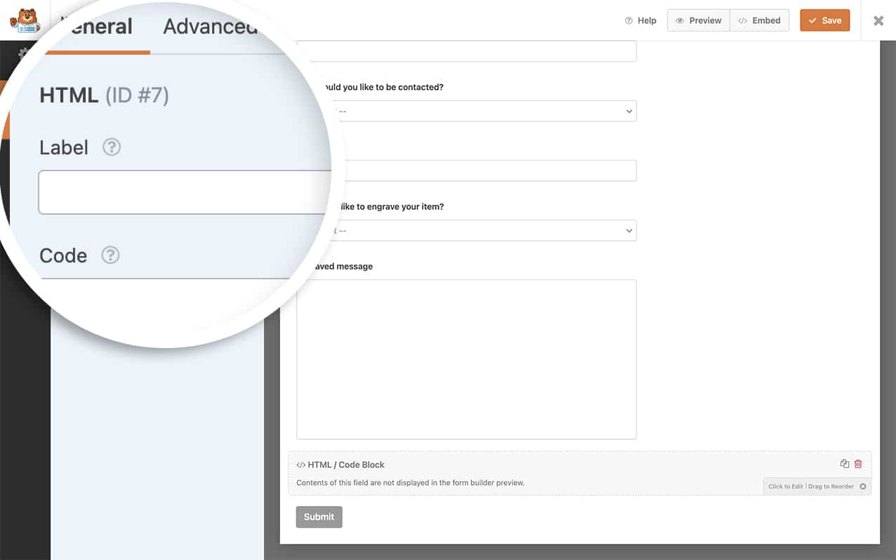 Next, add your HTML Code block to your form, this will hold the word count total