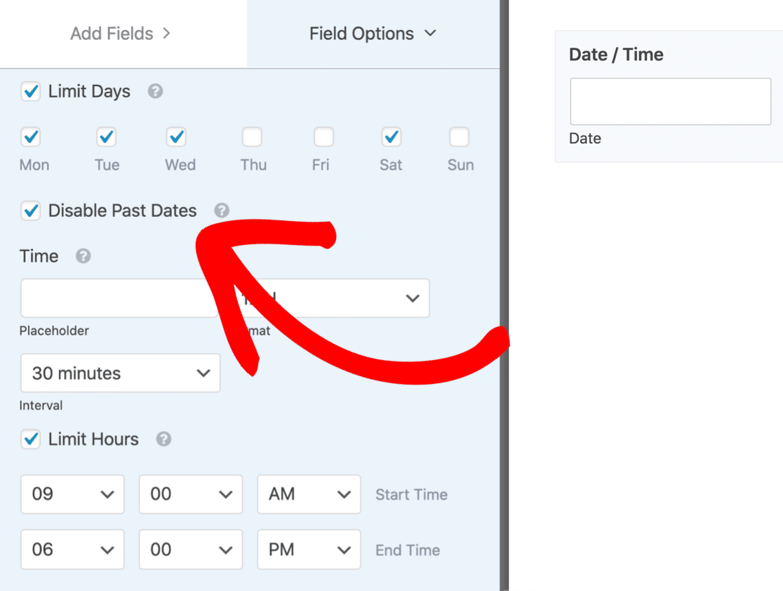 Stop visitors picking past dates in WPForms datepicker fields